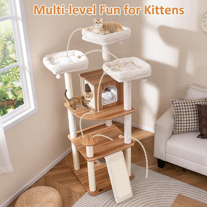 PETSITE 68-inch Modern Tall Cat Tree for Indoor Cats, Multi-Level Wooden Cat Tree Tower with Sisal Scratching Posts, 3 Top Perches, Cat Condo, Comfy Hammock, Sisal Ramp, and Jingling Balls