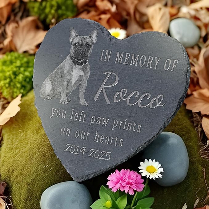 Pet Memorial Stone with Photo, Dog Memorial Gifts for Loss of Dog, Personalized Pet Memorial Gifts, Pet Loss Gift - Paw Prints On Our Hearts（Heart）