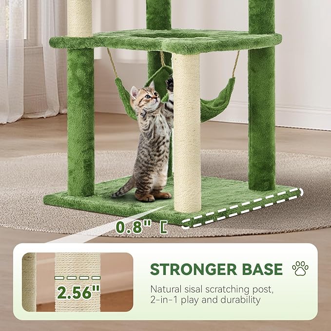 61 Inches Cat Tree Tower with Hammock, Tall Cat Tree with Scratching Post, Green Cat Shaped Design Tree for Indoor Large Cat, Large Cat Furniture with Pompoms for Living Room, Bed Room