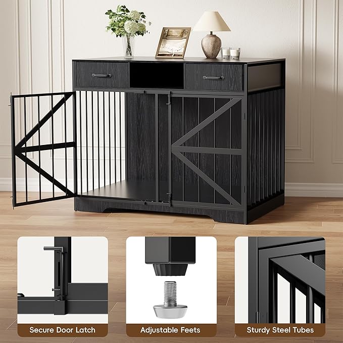 44" Large Dog Crate Furniture Set of 2, Wooden Heavy Duty Dog Kennel TV Stand with Storage Drawers, Decorative Indoor Pet Crate for Medium & Large Dogs, Black