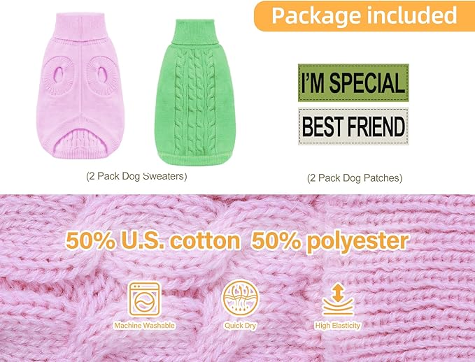 2 Pack Dog Sweaters for Small Dogs - Puppy Medium Warm Clothes in Winter, Turtleneck Pullover Design for Boy Girl Pet, Doggie, Cat, Kitten Chihuahua Bulldog Pug Beagles (S, Pink, Green)