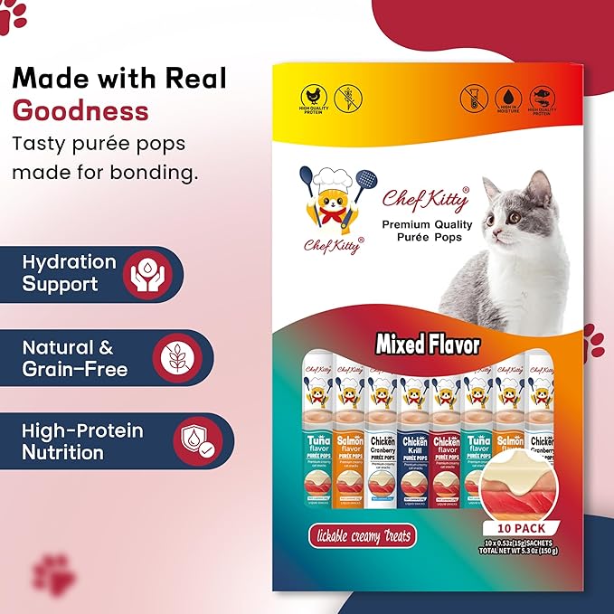 Chef Kitty Purée Pops, Cat Treats, Grain-Free, Lickable, Squeezable Creamy Cat Treat/Topper with Vitamin E & Taurine, 0.5 Ounces Each Tube, 10 Tubes, Chicken and Seafood Mix Variety