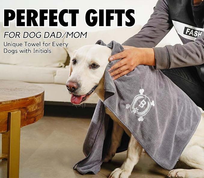InnoBeta Personalized Dog Towels for Drying Dogs - Pack of 2 - Super Absorbent Soft Microfiber Pet Bath Grooming Towel for Dogs, Monogrammed Initial for Dogs (40 X 23.6 Inches, Grey and Brown) - D