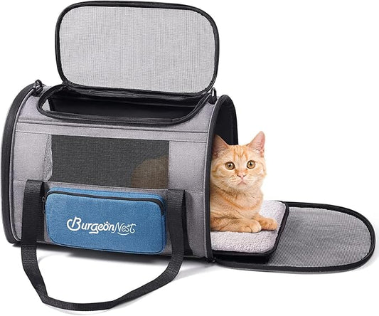 BurgeonNest Cat Carrier, Airline Approved Dog Carrier, Soft Sided Cat Pet Carrier for Small Medium Cats Dogs Under 10 lbs with Side Bag, Collapsible Travel Kitten Puppy Carriers, Blue