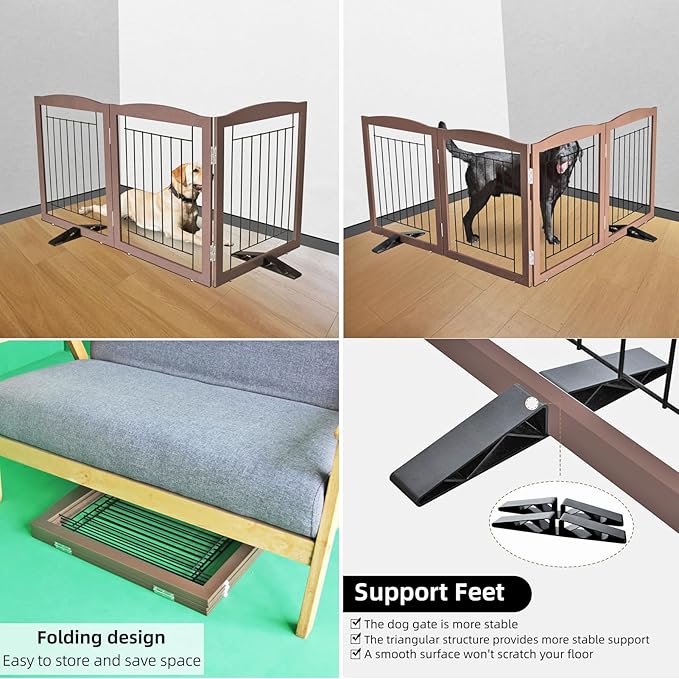 ZJSF Freestanding Dog Fence Indoor, Foldable Dog Gate for Doorways, Stairs or Hallways, Sturdy Wood Extra Wide Pet Gate with Support Feet for The House, Brown, 24 "Height-3 Panels