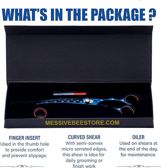 Pet Grooming Scissor Dog Curved Blade scissor Pet Grooming Scissors Dog Hair Cutting Shears with Bag for Professional Right Hand Pet Groomer (Blue Curved, 9.0")