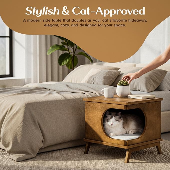 Modern Wooden Cat Bed End Table for Indoor Cats – 15.7"x15.3"x15.7" Cat House Side Table with Cushion – Stylish Nightstand Cat Condo for Bedroom or Living Room – Compact Pet Hideaway Furniture