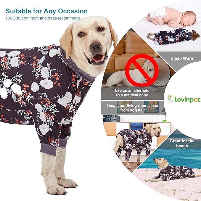 LovinPet Medium/Big Breeds Large Dog Pajamas, Anti Licking, Wound Care/Post Surgery Dogs Pajamas, Lightweight Stretchy Fabric, Beautiful Bouquets Black Print Large Dog Onesies, Pet PJ's /3XL