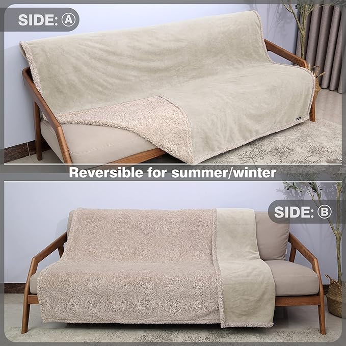 Catalonia Waterproof Bed Blanket, Washable Leakproof Bed Cover, Reversible Protector Blanket for Couch Sofa, Stain Proof Blanket Pad for Adults, 80X60 inches, Camel/Taupe