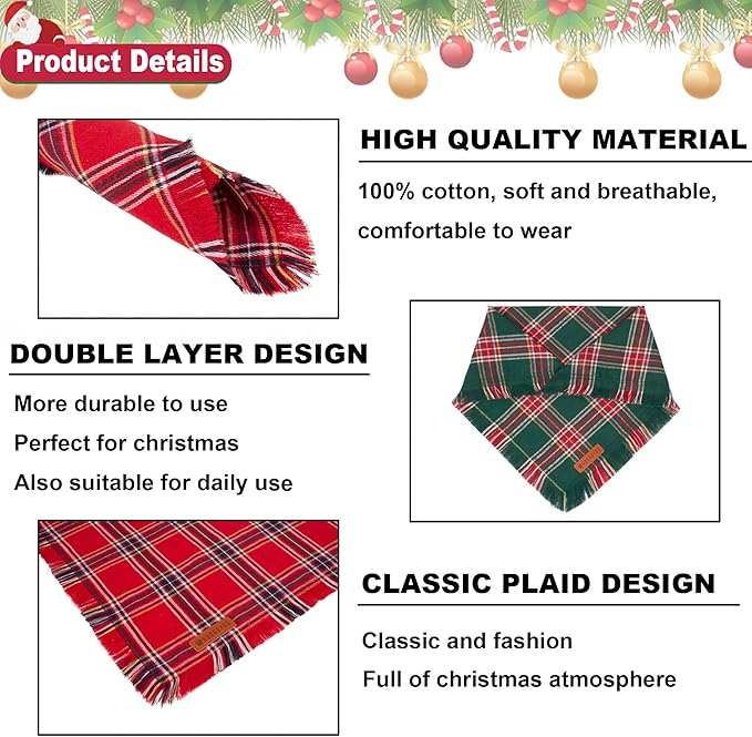 ADOGGYGO Christmas Dog Bandanas with Tassels, Stylish Red Green Plaid Dog Scarf Bib, Multiple Sizes, Pet Christmas Bandanas for Large and Extra Large Dogs (X-Large)
