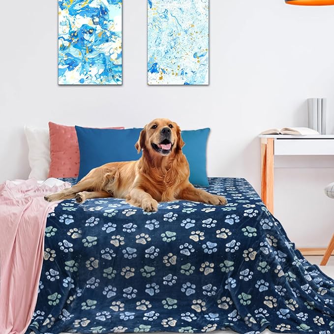 Flannel Pet Blankets for Large Dogs & Cats - Washable, Soft Mat Throw Cover for Kennel, Crate, Bed - Cute Paw Pattern - Navy Blue 60" x 80"