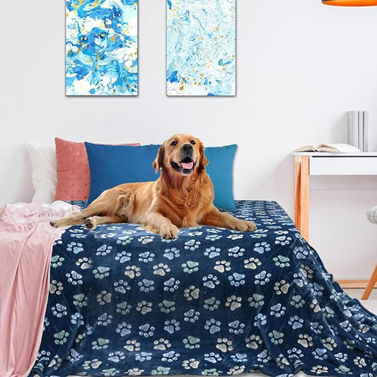 Flannel Pet Blankets for Large Dogs & Cats - Washable, Soft Mat Throw Cover for Kennel, Crate, Bed - Cute Paw Pattern - Navy Blue 60" x 80"