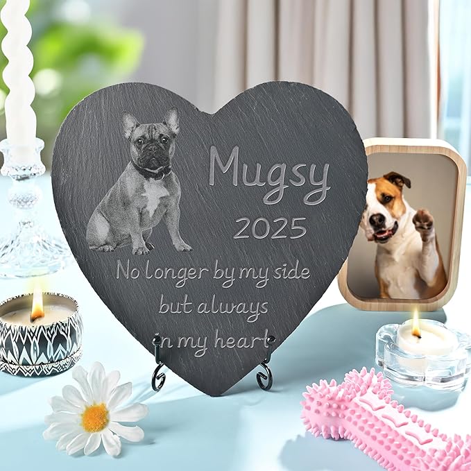 Pet Memorial Stone with Photo, Dog Memorial Gifts for Loss of Dog, Personalized Pet Memorial Gifts, Pet Loss Gift - Always in My Heart（Heart）