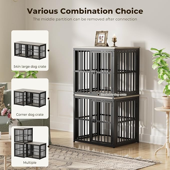 Lyromix 54'' Dog Crate Furniture with Double Rooms,Wooden Crate End Table Heavy Duty Indoor Puppy Cage for 2 Small Dogs, Multiple Units Can be Combined, Grey