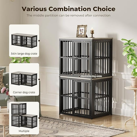 Lyromix 54'' Dog Crate Furniture with Double Rooms,Wooden Crate End Table Heavy Duty Indoor Puppy Cage for 2 Small Dogs, Multiple Units Can be Combined, Grey