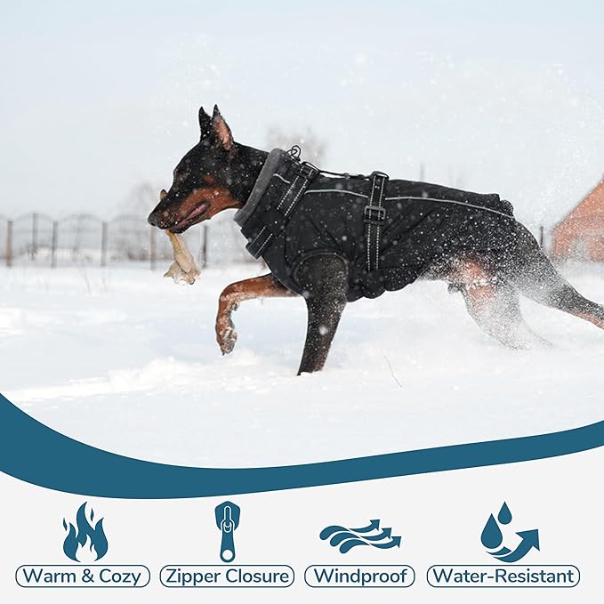 PUMYPOREITY Snow Jacket for Large Dogs Waterproof, Warm Dog Winter Coat with Harness Built in, Fleece Jacket with Back Zipper, Cold Weather Coats for Outdoor, Windproof Pet Snowsuit, Blue, 2XL