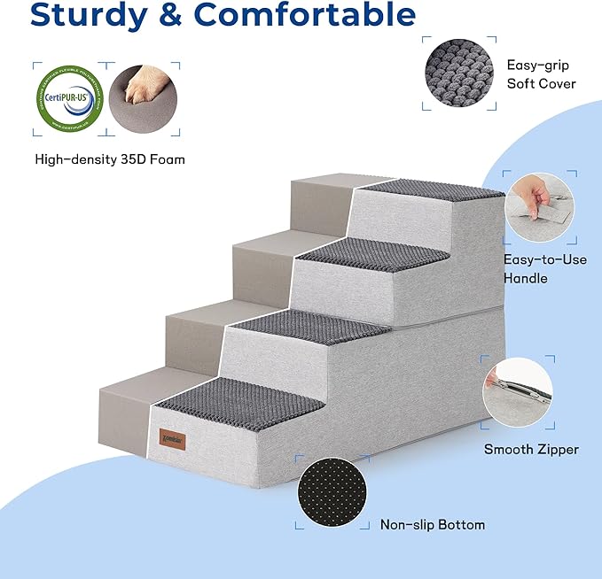 Dog Stairs for Small Dogs - Extra Wide Pet Stairs 2 in 1 with Zippers Suitable for Couch and Bed, 35D Foam Dog Steps with Non Slip Bottom Grey 4 Steps, Grey