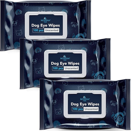 NOVEHA 300PCs Dog Eye Wipes - Tear Stain Remover for Dogs - Formulated with Chamomile and Aloe to Remove Eye Debris, Tear Stains & Eye Discharge - Plant Based, Safe, and Large 5"x5" Unscented Wipes