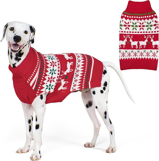 KYEESE Dog Christmas Sweater, Warm Turtleneck Dog Sweater for Large Dogs Boy Girl with Snowflake Reindeer Pattern, Winter Doggie Knitwear with Leash Hole, Cozy Winter Outfit, XXX-Large