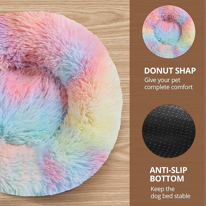 JOLLYVOGUE Small Dog & Cat Beds for Indoor Cats, Donut Cuddler Warming Soft Dog Beds with Anti-Slip Bottom, Round Calming Fluffy Plush Faux Fur Cushion Bed for Small Dogs (20", Rainbow)