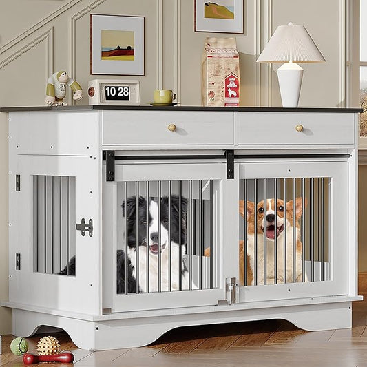 Large Dog Furniture Crate, 47 in Furniture Style Dog Crate with Removable Divier for Large/Medium/Small Dogs，White&Brown