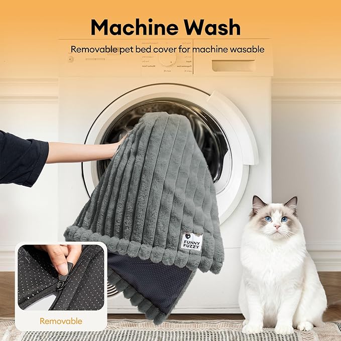 FUNNY FUZZY Self Warming Cat Bed, Waterproof Corduroy Fleece Warm Self Heating Pad for Cats & Dogs, Non-Skid Thermal Pet Mat Indoor with Removable Washable Cover - ThermoPad, 25.5"×17.7", Grey