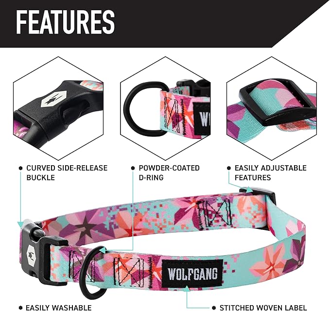 Wolfgang Heavy Duty, Adjustable Dog Collar with Quick Release Nylon Buckle for Walking & Training, DigiFloral Print, Small