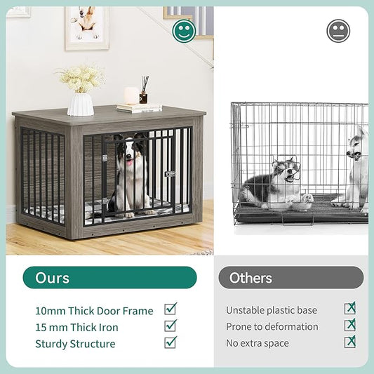 YITAHOME Dog Crate Furniture for Large Dogs, Side End Table, Modern Dogs Kennel Indoor up to 60 lb, 2-in-1 Iron-Wood Fusion Dog Cage with Waterproof Top, Safety Corners, Steel Lock,38" L,Greige