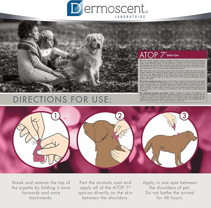 Dermoscent ATOP 7 spot-on - Large Dogs 45-90 lbs - Soothing Care for Sensitive, Dry and Itchy Skin or Allergy Prone Skin - Natural Ingredients - 4 pipettes