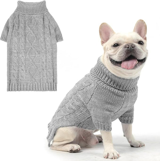 KOOLTAIL Dog Sweater for Large Medium Small Dogs, Fall Dog Sweaters, Turtleneck Cable Knitwear Pet Cold Weather Coats with Leash Hole, Warm Winter Pullover Clothes for Bulldog, Yorkie,Boy Girl,Grey SM