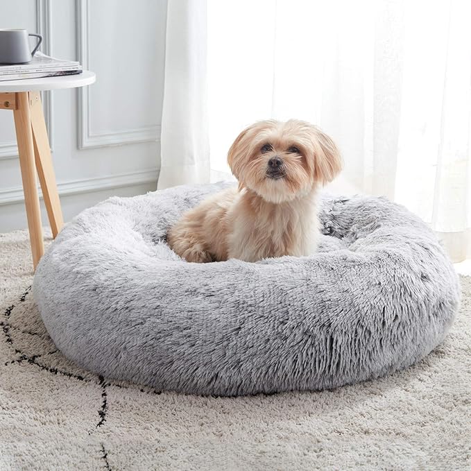 WESTERN HOME WH Calming Dog & Cat Donut Cuddler, Anti-Anxiety Warming Cozy Soft Round Bed, Fluffy Faux Fur Plush Cushion for Small Medium Dogs and Cats (20"/24"/27"/30")
