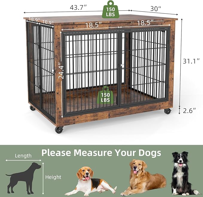 43" Movable Extra Large Dog Crate, Wooden Furniture Dog Crate with Top Access for Teasing/Feeding, 4 Rotating Wheels, Heavy-Duty Large Dog Kennel Indoor as End Table, Chew-Resistant, Brown