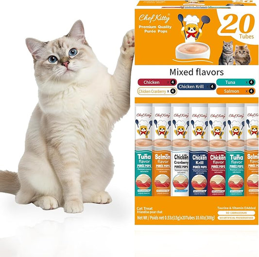 Chef Kitty Purée Pops, Cat Treats, Grain-Free, Lickable, Squeezable Creamy Cat Treat/Topper with Vitamin E & Taurine, 0.5 Ounces Each Tube, 20 Tubes, Chicken and Seafood Mix Variety