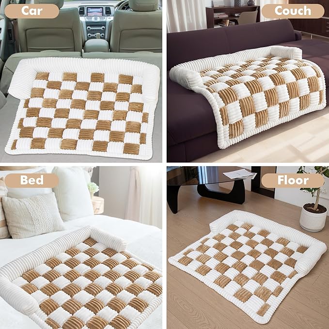 LiveGo Fuzzy Pet Couch Covers for Sofa, Dog Couch Cover Fuzzy Sofa Cover Cream Square Plaid Dog Bed Plush Dog Mat for Furniture Protector for Large Medium Dogs and Cats (Light Brown, 35.4"*35.4")