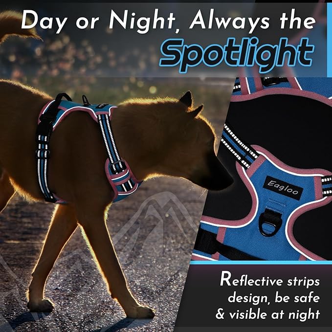 Eagloo Dog Harness Small Sized Dog, No Pull Service Vest with Reflective Strips and Control Handle, Adjustable and Comfortable for Walking, No Choke Pet Harness with 2 Metal Rings, Pink & Blue, S