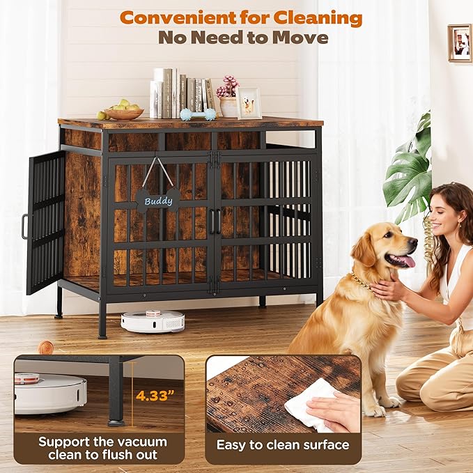 39 Inch Dog Crate Furniture, Heavy Duty Dog Kennel for Small Medium Large Dogs, Double Doors Indoor Decor Pet House Cage, Anti Escape Wooden Dog Cage with Name Tag End Table, TV Stand, Brown