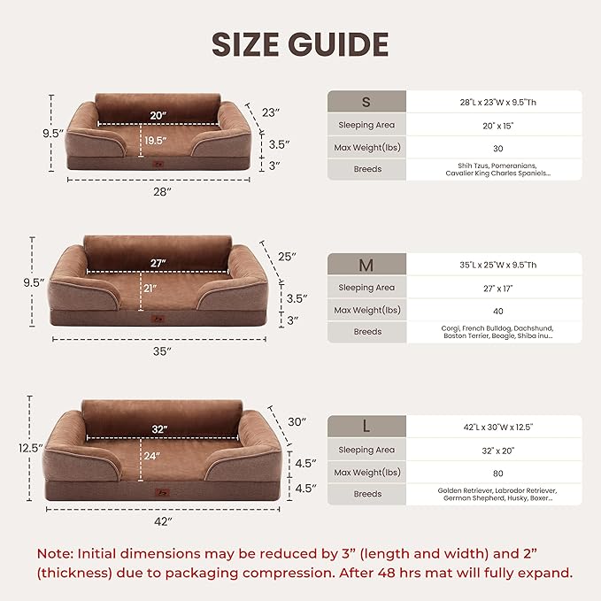 Orthopedic Dog Beds for Medium Size Dogs, Waterproof Egg-Crate Foam Pet Couch Bed with Soft Sides, Non-Slip Dog Sofa with Flannel Removable Washable Cover, 28" L Supportive Pet Sofa, Brown