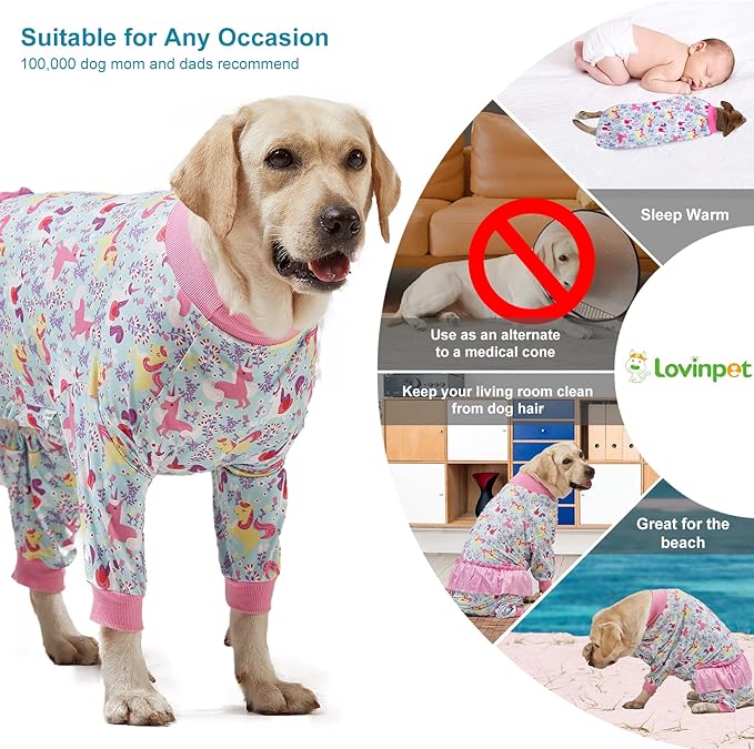 LovinPet Large Breed Dog Pajamas Onesie, Lightweight Stretchy Knit Dog Jammies, Unicorn Seafoam Print, Stop Shedding for Dogs, Pet Pajamas for Dogs, Pet PJ's, M