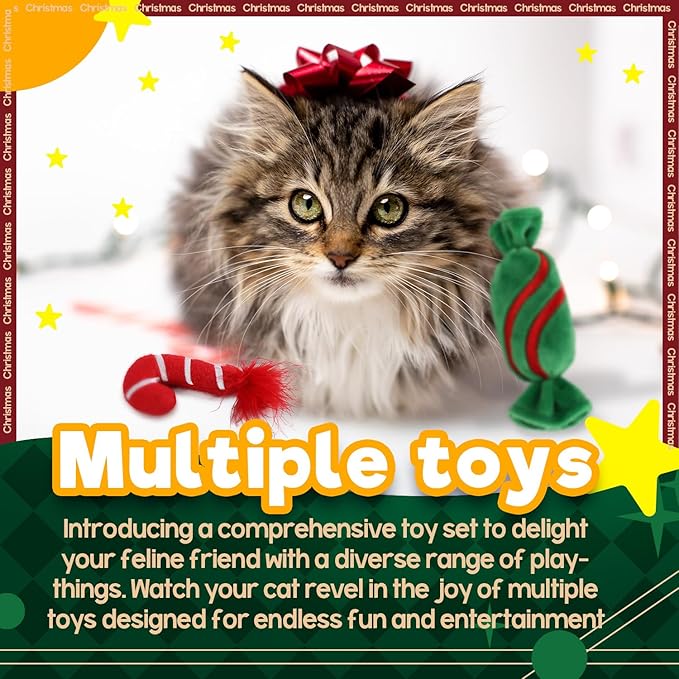 ALL FOR PAWS Christmas Cat Toys Happy Holiday Kitten Toys with Catnip, Crinkle Sound 2 Set Candy Cane Designs Kitty Toy