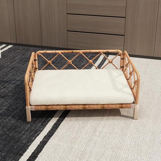 Wicker Dog Bed with 2" Cushion,Rattan Dog Sofa Bed for Small Medium Dogs– Indoor/Outdoor Metal Frame Pet Bed up 66lbs (Brown Rattan White Cushion)