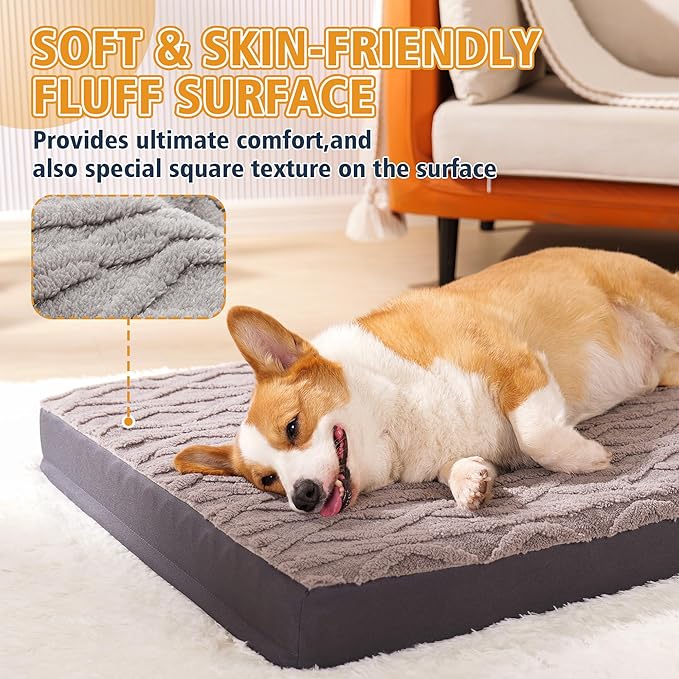 Orthopedic Dog Beds Large Sized Dog – Waterproof Plush Pet Mattress with Removable Washable Cover, Non-Slip Bottom, Memory Foam Mat for Crate, 36x27 Inch, Grey