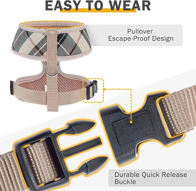 SCENEREAL No Pull Dog Harness Collar and Leash Set for Small Sized Dogs, Soft Mesh Step in Plaid Harnesses for Fall Winter, Adjustable Pet Vest for Outdoor Walking Training and Running