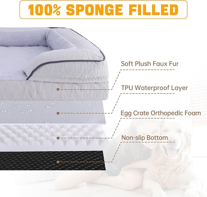 Orthopedic Dog Bed for Large Dogs, 35x25 Inch Waterproof Egg Crate Memory Foam Dogs Bed with Detachable Top, Dog Couch with Zipper Washable Cover, Nonslip Bottom for Living Room, Dark Grey