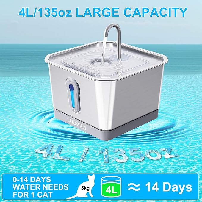 Stainless Steel Cat Water Fountain 135oz/4L:Battery Operated Wireless Cat Fountains for Drinking Indoor, Automatic Pet Water Dispenser with Ultra Quiet Pump,Multi-Filtration