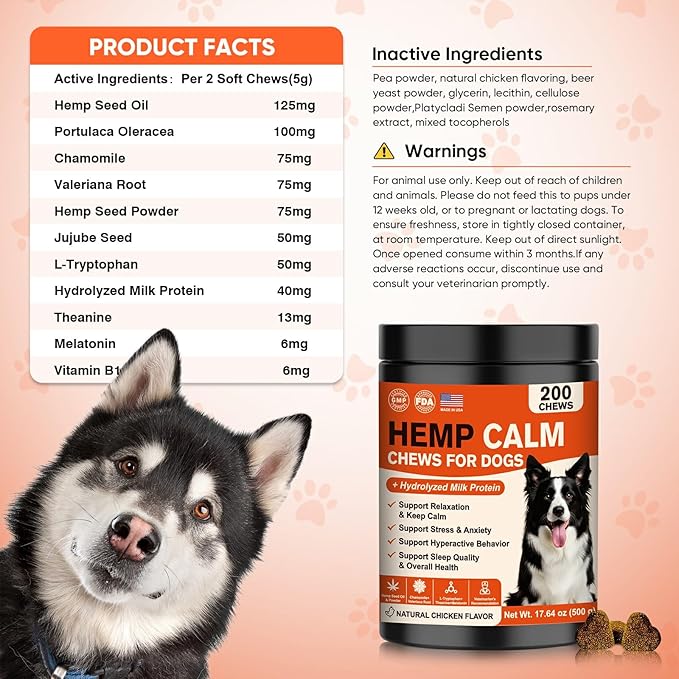 Hemp Calming Chews for Dogs-Dog Calming Chews Anxiety Relief Bites with Melatonin HMP for Dog Relaxing Aid-Car Anxiety Fireworks and Thunder Stress Relief Treats Supplements for Puppies Small All Dogs
