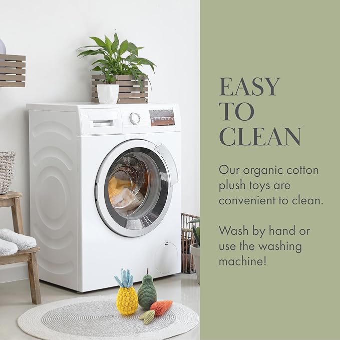 Nina Woof Organic Cotton Dog Toys Pack – Handmade Squeaky Plush Puppy Toys for Small and Medium Dogs, Eco Friendly Teething Accessories, Natural Pet Gift Set with Cute Fruit and Veggie Designs