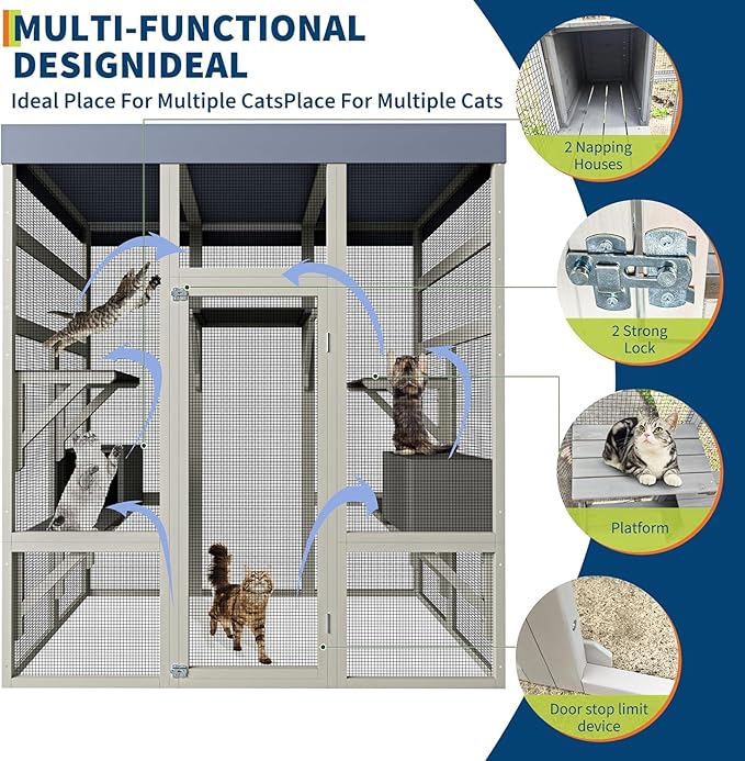 70-Inch Large Catio Enclosure, with Weatherproof Roof, UV-Protected, Wooden Frame and Rust-Resistant Steel Mesh, Cat House with 2 Lounging Boxes and Platforms, for Patio or Backyard