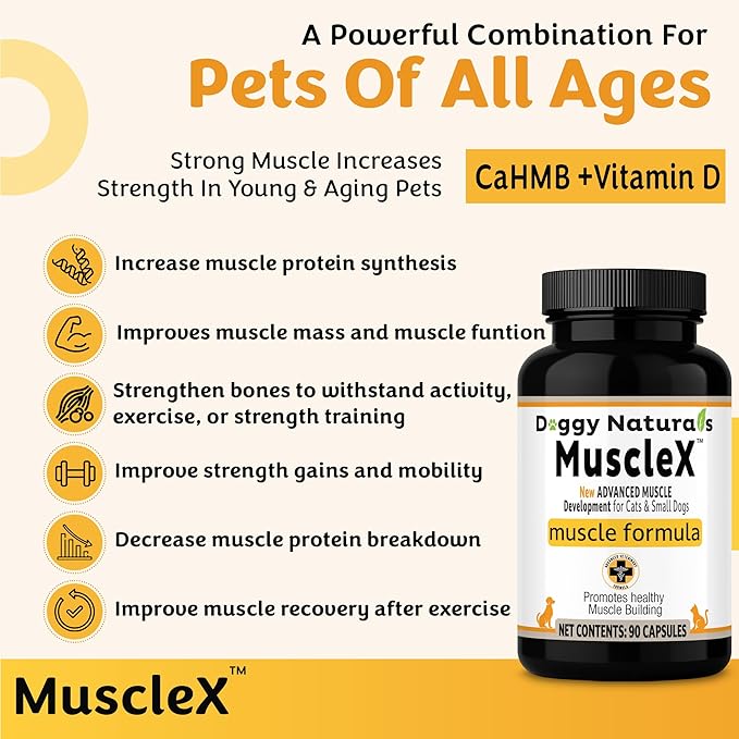 MuscleX™ Canine Muscle Formula Cats & Small Dogs with 300 mg CaHMB & Vitamin D3 - Natural Muscl Building Formula-Helps Reduce Muscle Loss Due to Normal Aging & Improves Recovery from Injury(180 Caps)