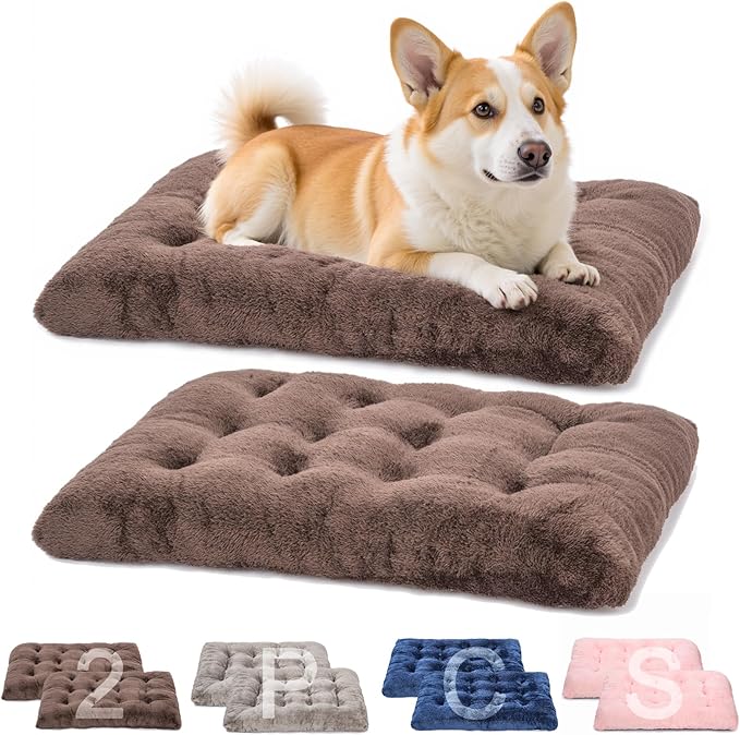 POMIU 2-Pack Washable Dog Bed, Deluxe Plush Crate Beds with Anti-Slip, Machine Washable Kennel Pad Sleeping Mat for Large, Medium and Small Dogs (2 Pack x Coffee, 29.0" L x 21.0" W x 3.0" Th)