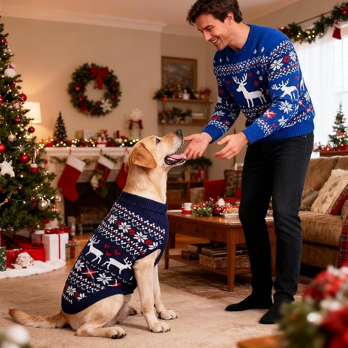 KOOLTAIL Christmas Dog Sweater, Cold Weather Pullover Classic Knitwear, Reindeer Snowflake Pattern Thick Warm Winter Pet Clothes, Cable Knit Sweaters for Small Medium Large Dogs Boy Girl, Navy Blue S